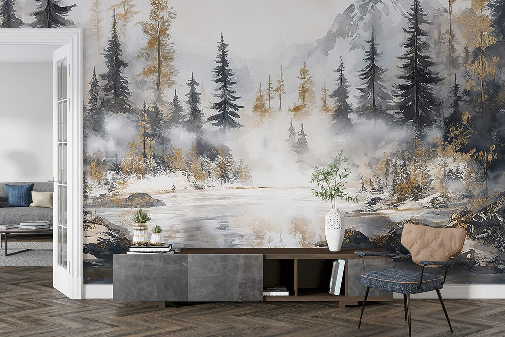 Watercolor painting of a forest and mountains