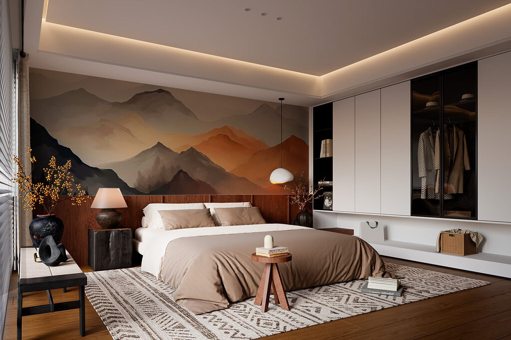 Painting of mountains in the fog