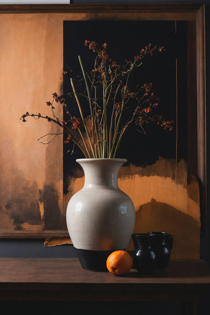 Vase with dried flowers and oranges Vase with dried flowers and oranges
