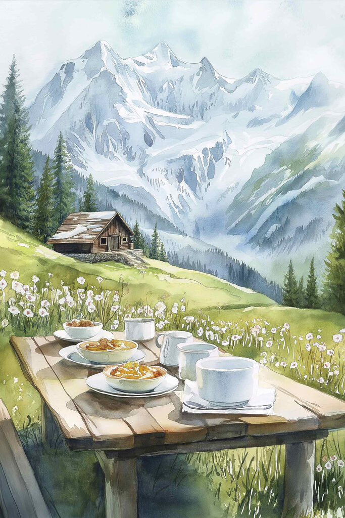 Table with plates of food and cups on it with mountains in the background Table with plates of food and cups on it with mountains in the background