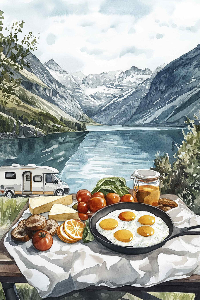 Food on a table next to a lake