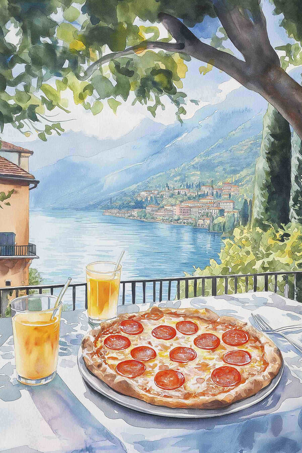 Akvarelová maľba pizze a nápojov na stole Akvarelová maľba pizze a nápojov na stole