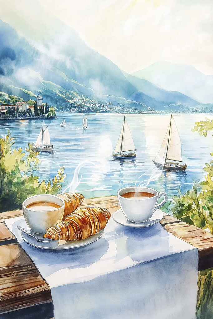 Watercolor painting of a table with coffee and croissants on it Watercolor painting of a table with coffee and croissants on it