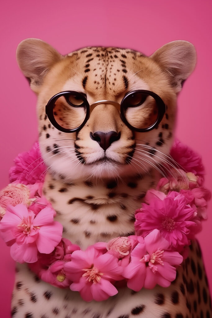 Leopard wearing glasses and a necklace of flowers Leopard wearing glasses and a necklace of flowers
