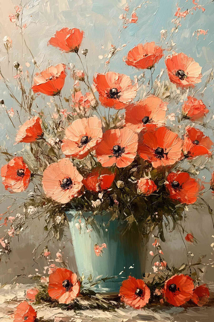 Painting of flowers in a blue vase Painting of flowers in a blue vase