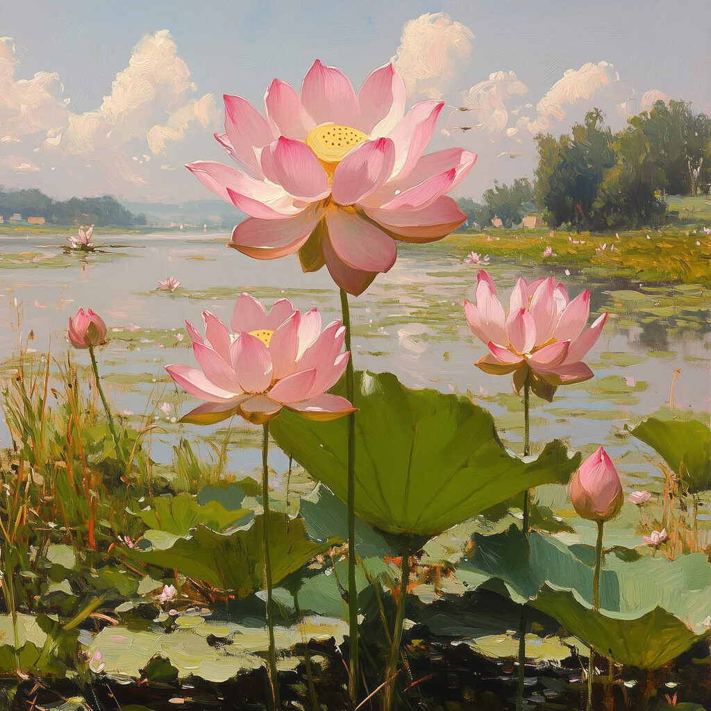 Pink flowers on a lake