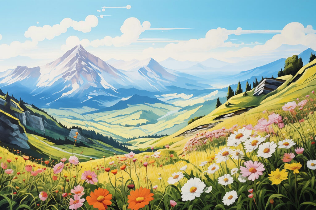 Landscape with mountains and flowers