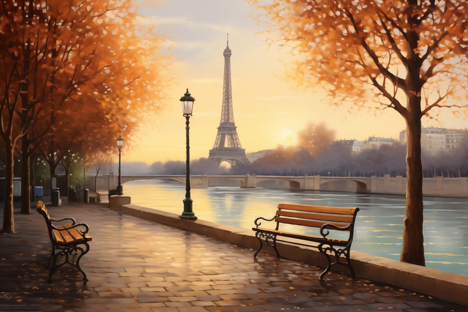 Bench and a river with trees and a tower in the background