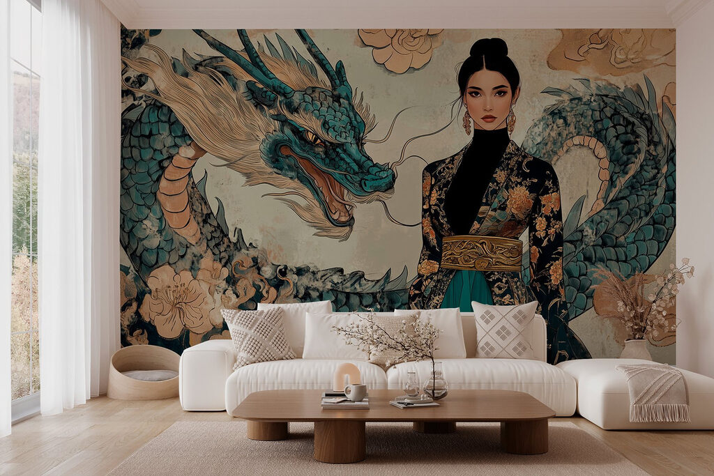 Woman in a kimono and a dragon