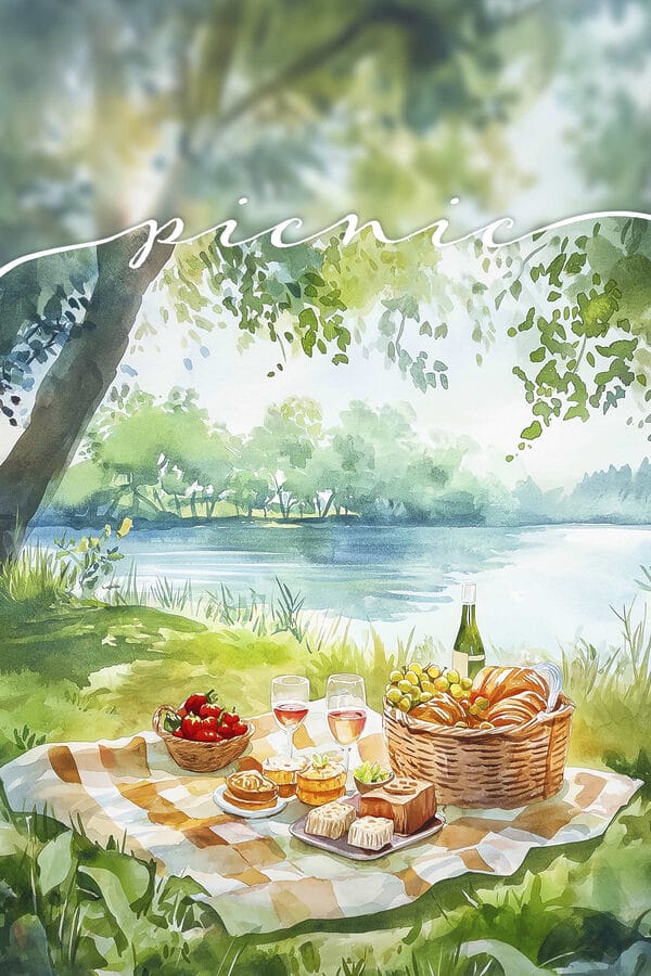 Akvarelová maľba pikniku s jedlom a vínom na deke pri jazere Akvarelová maľba pikniku s jedlom a vínom na deke pri jazere