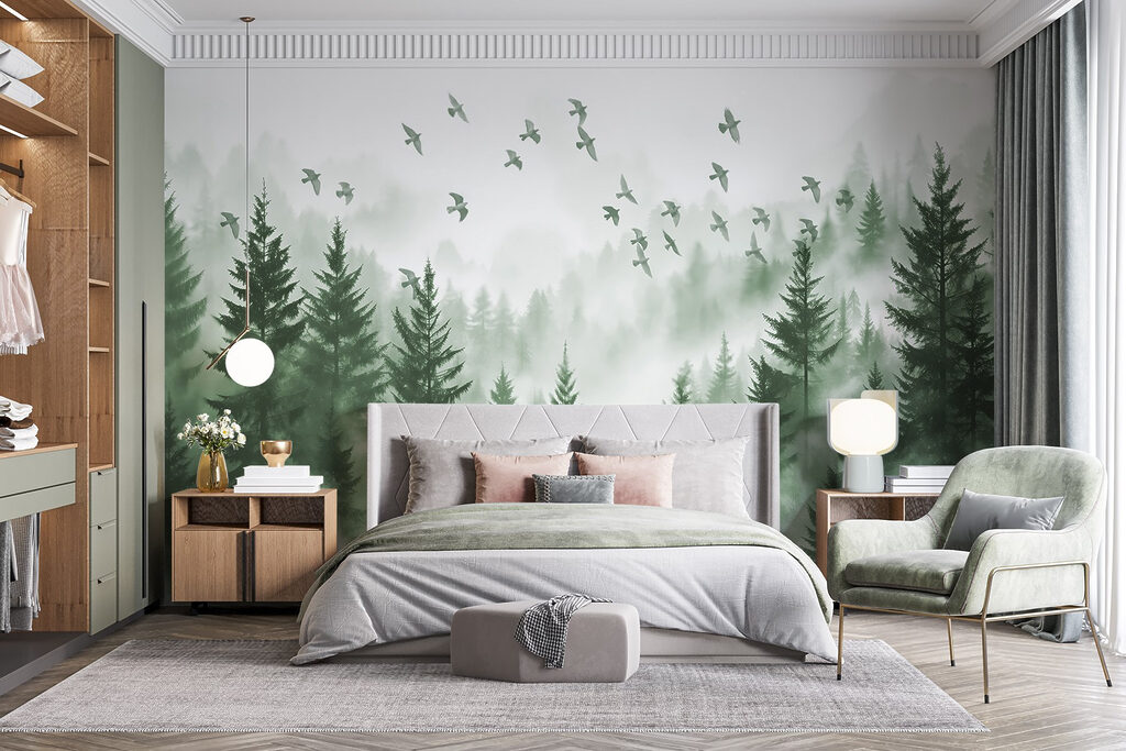 Birds flying over a forest