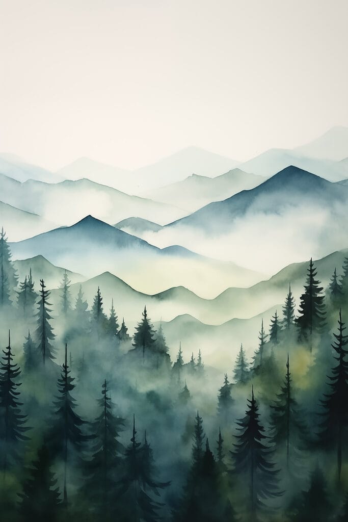 Painting of a mountain range with trees and fog