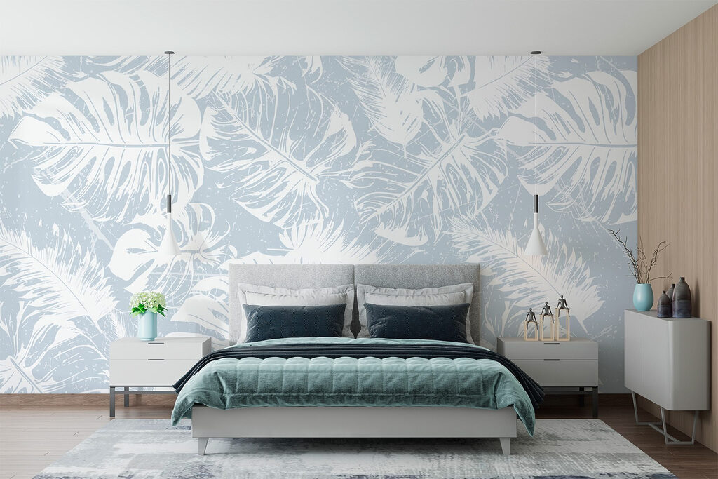 White leaves on a blue background