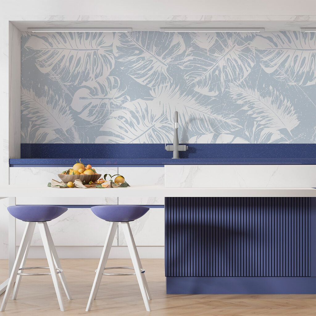 White leaves on a blue background