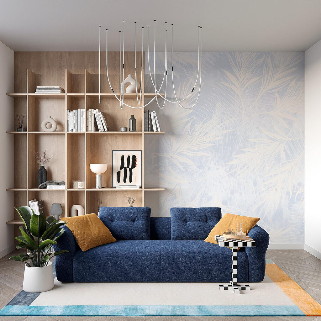 White and blue background with white leaves