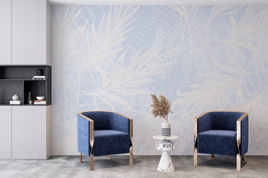 White and blue background with white leaves