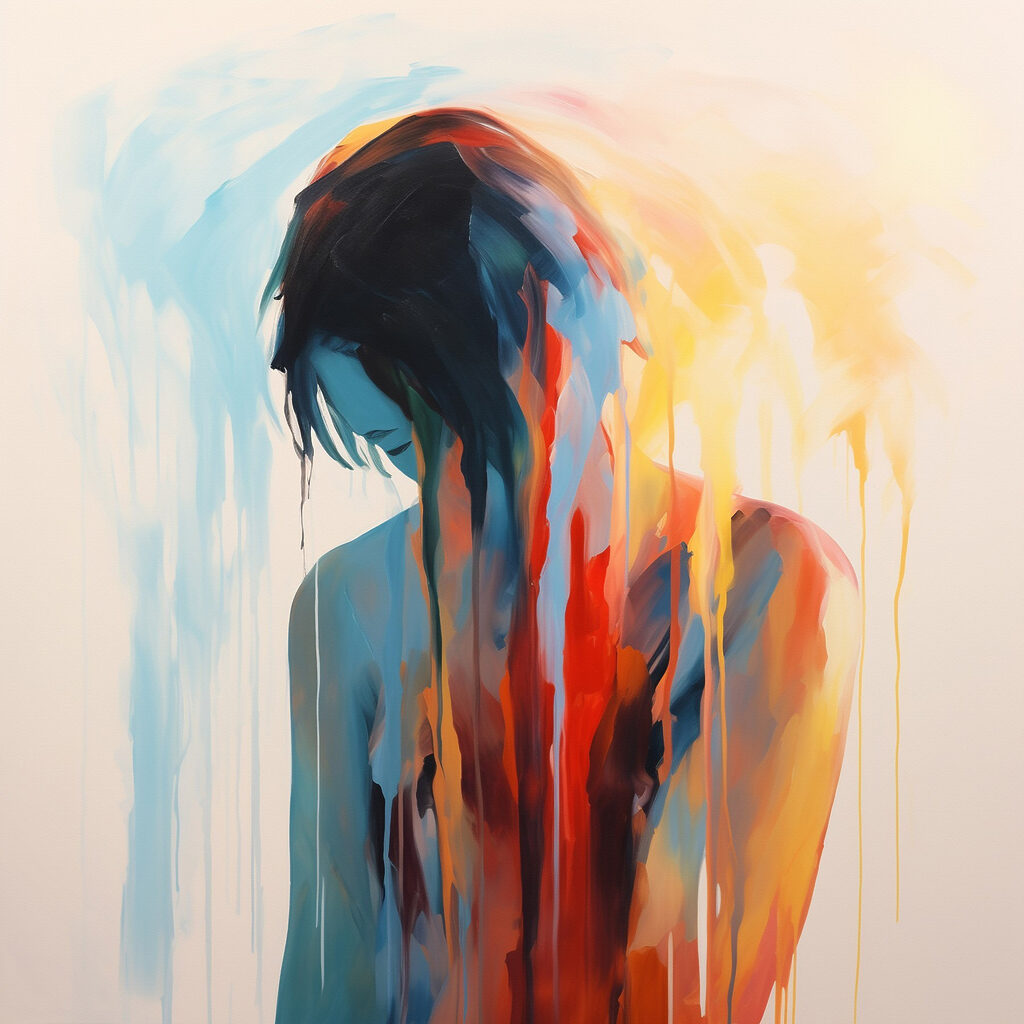 Painting of a woman with colorful paint dripping down her face Painting of a woman with colorful paint dripping down her face