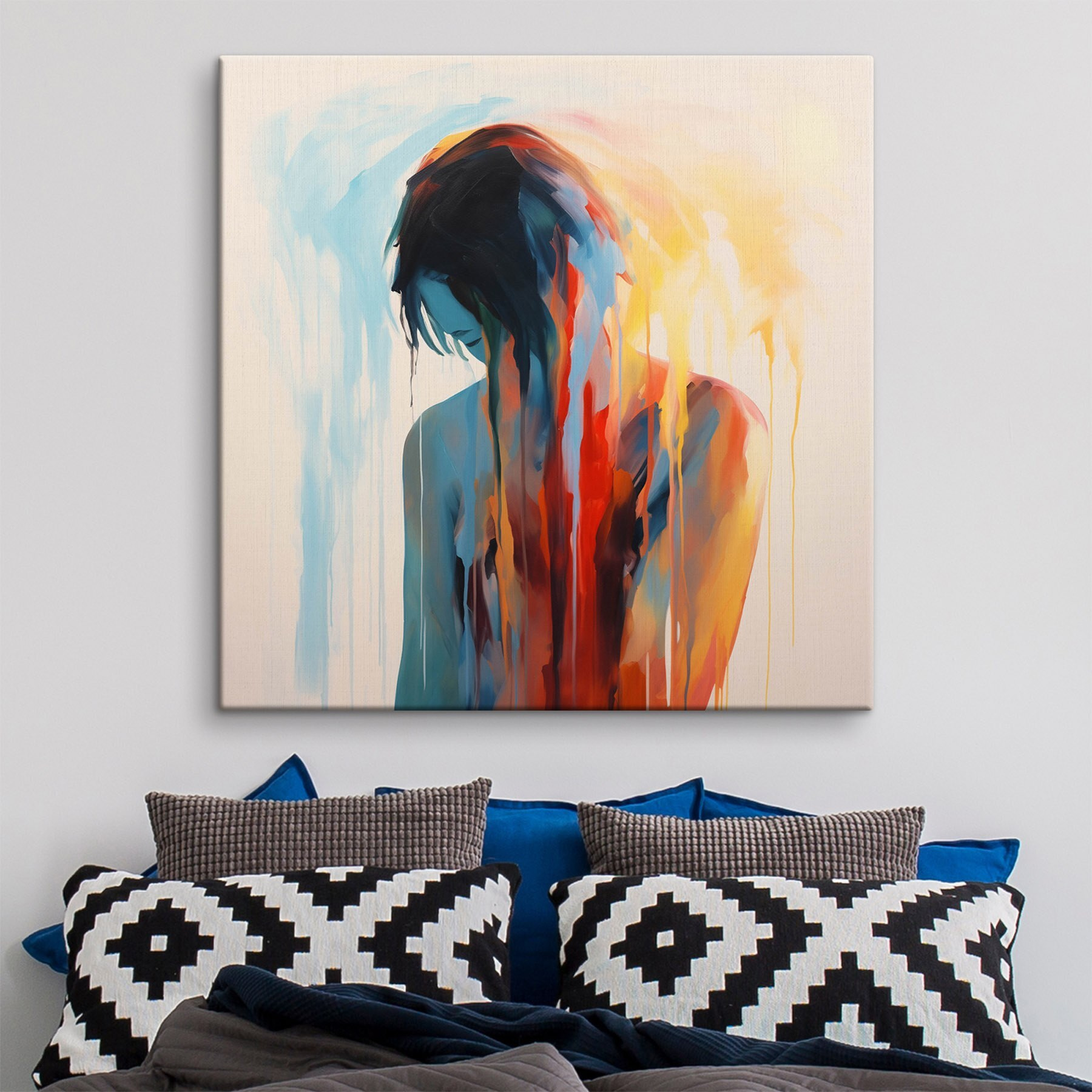 Painting of a woman with colorful paint dripping down her face Painting of a woman with colorful paint dripping down her face