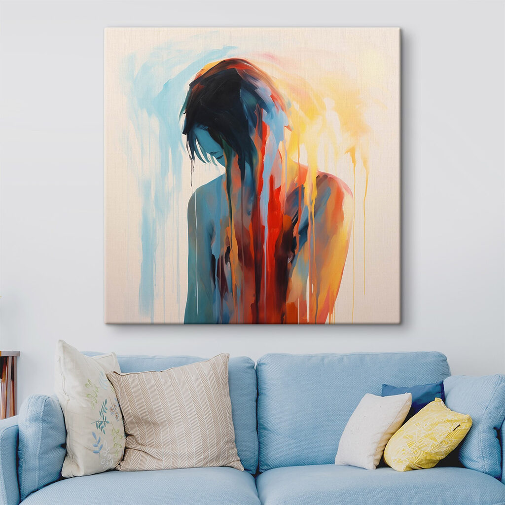 Painting of a woman with colorful paint dripping down her face Painting of a woman with colorful paint dripping down her face