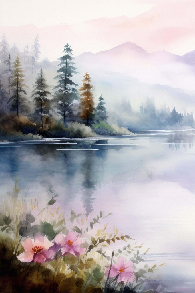 Watercolor painting of a lake with trees and flowers Watercolor painting of a lake with trees and flowers