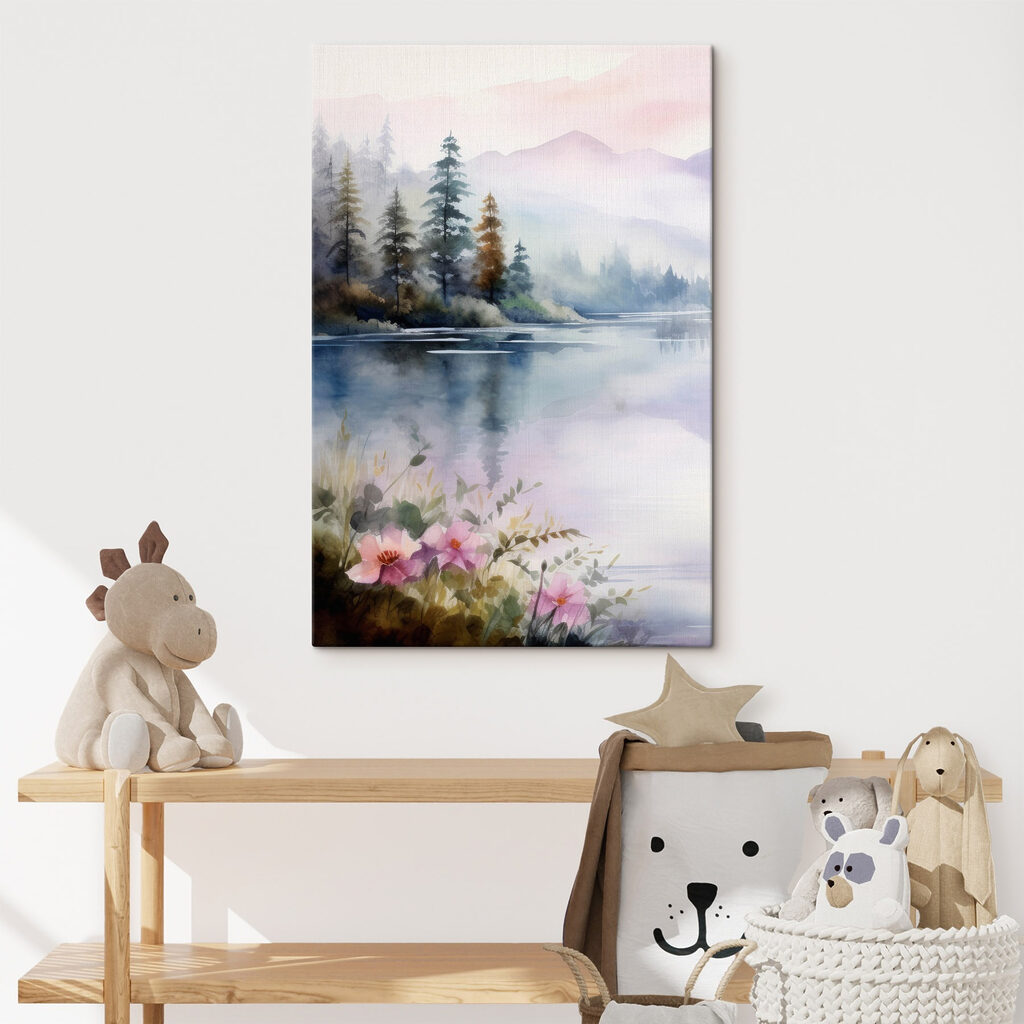 Watercolor painting of a lake with trees and flowers Watercolor painting of a lake with trees and flowers