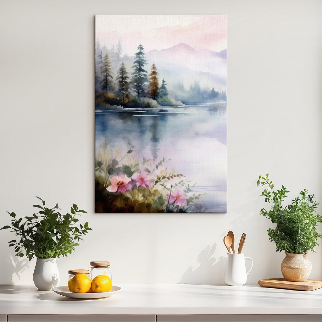Watercolor painting of a lake with trees and flowers Watercolor painting of a lake with trees and flowers