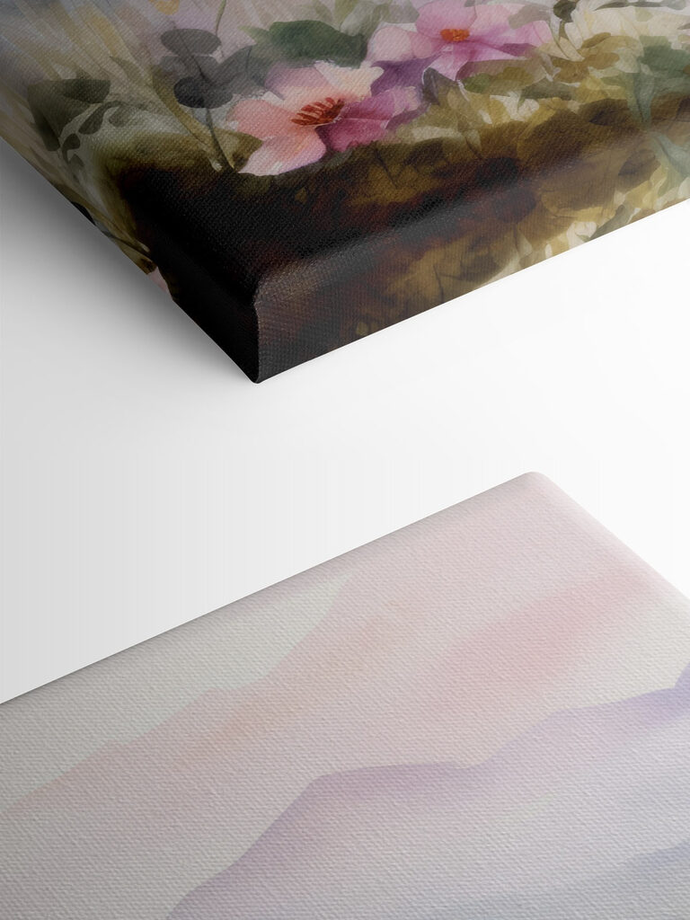 Watercolor painting of a lake with trees and flowers Watercolor painting of a lake with trees and flowers