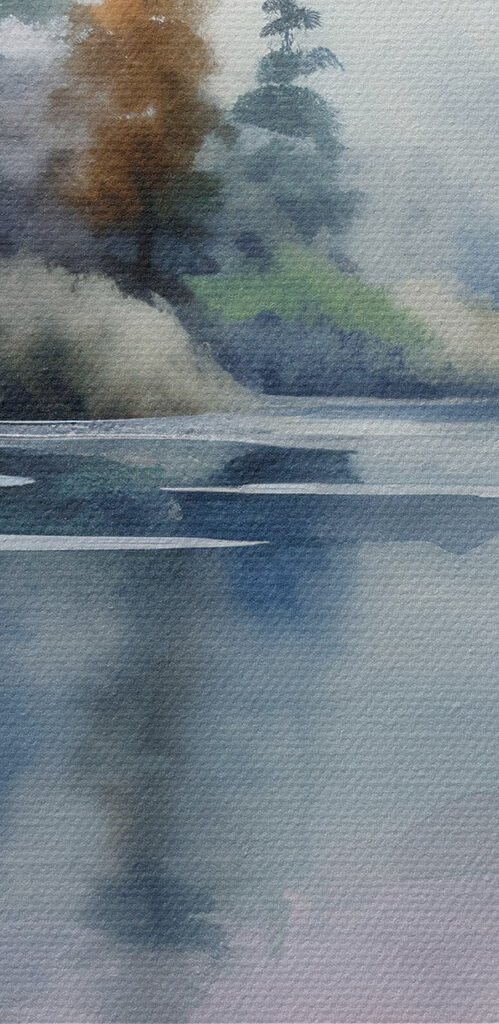 Watercolor painting of a lake with trees and flowers Watercolor painting of a lake with trees and flowers