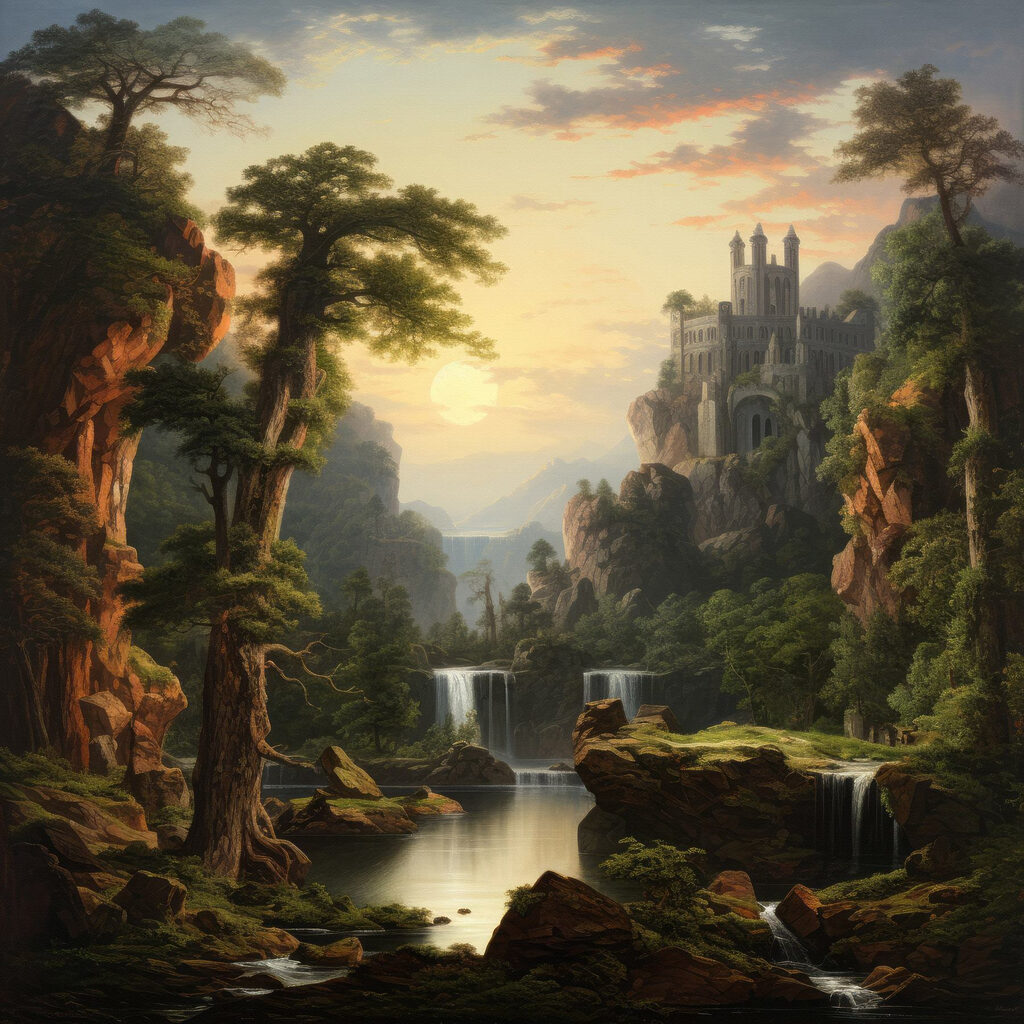 Waterfall and a castle in the mountains Waterfall and a castle in the mountains