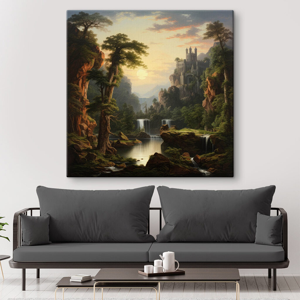 Waterfall and a castle in the mountains Waterfall and a castle in the mountains