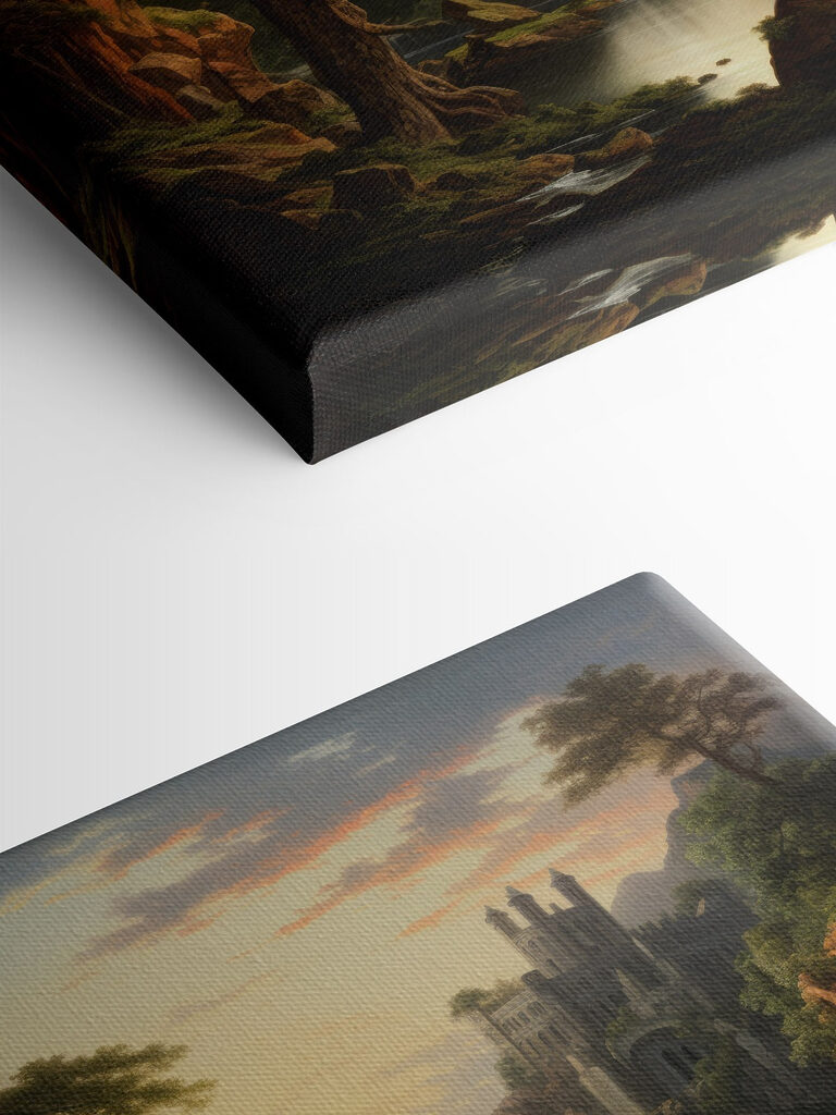 Waterfall and a castle in the mountains Waterfall and a castle in the mountains