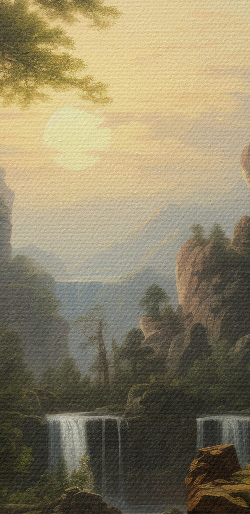 Waterfall and a castle in the mountains Waterfall and a castle in the mountains