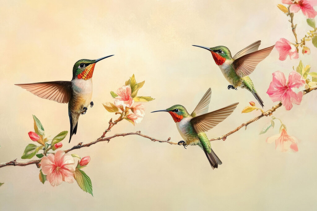 Group of hummingbirds on a branch with flowers Group of hummingbirds on a branch with flowers