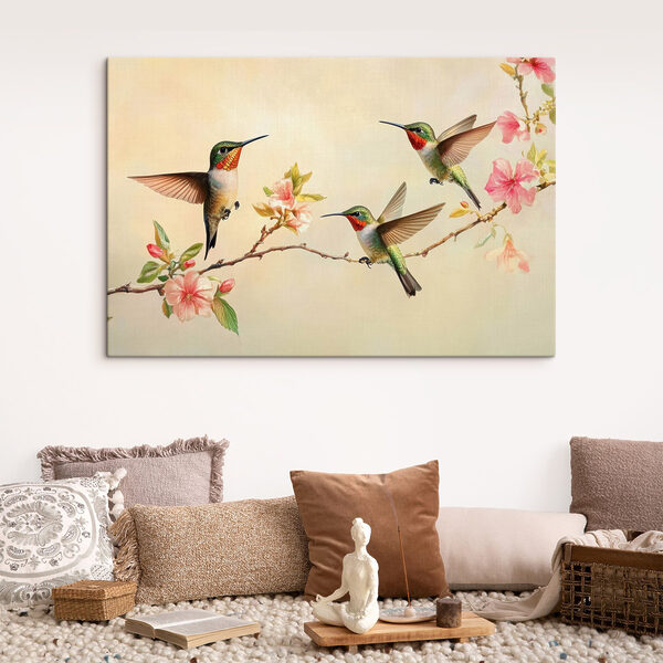 Skupina kolibríkov na konári s kvetmi Skupina kolibríkov na konári s kvetmi