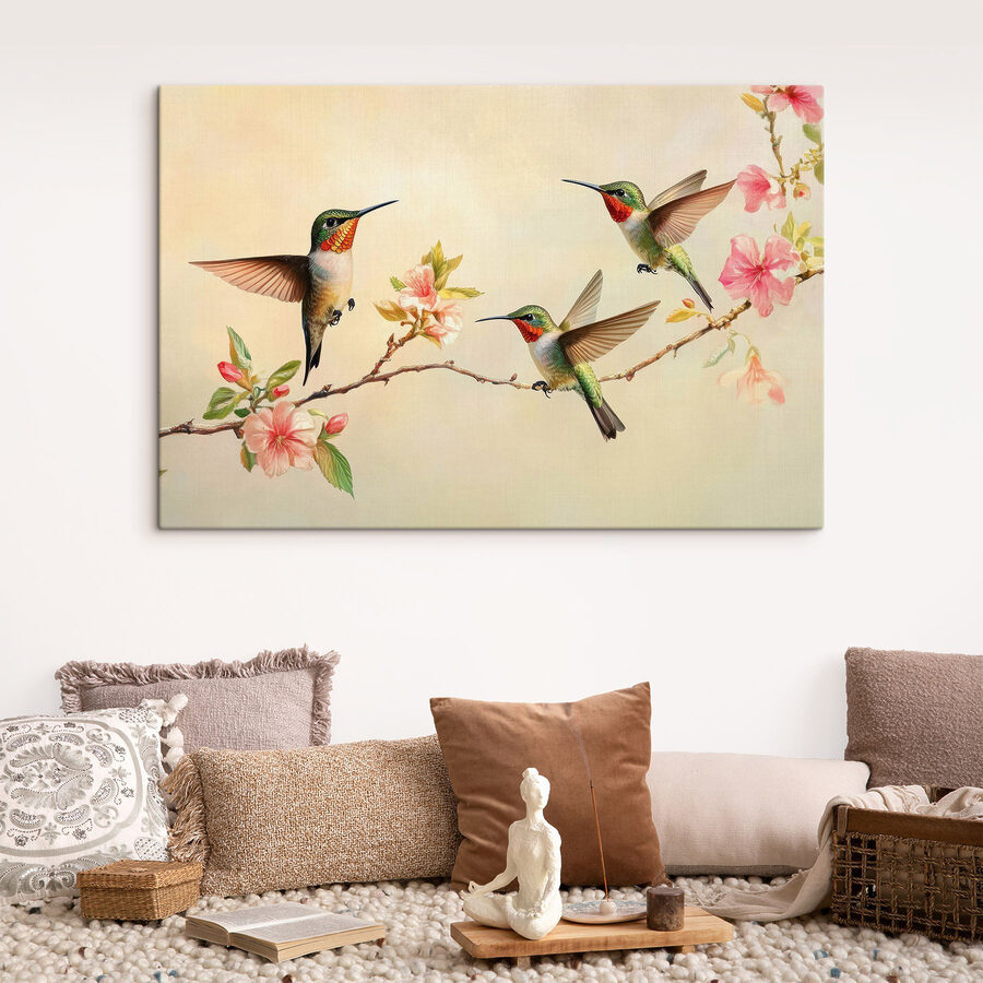 Skupina kolibríkov na konári s kvetmi Skupina kolibríkov na konári s kvetmi