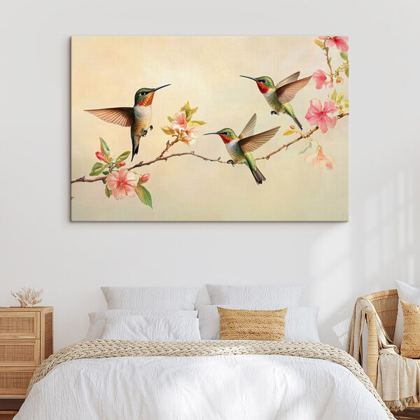 Skupina kolibríkov na konári s kvetmi Skupina kolibríkov na konári s kvetmi