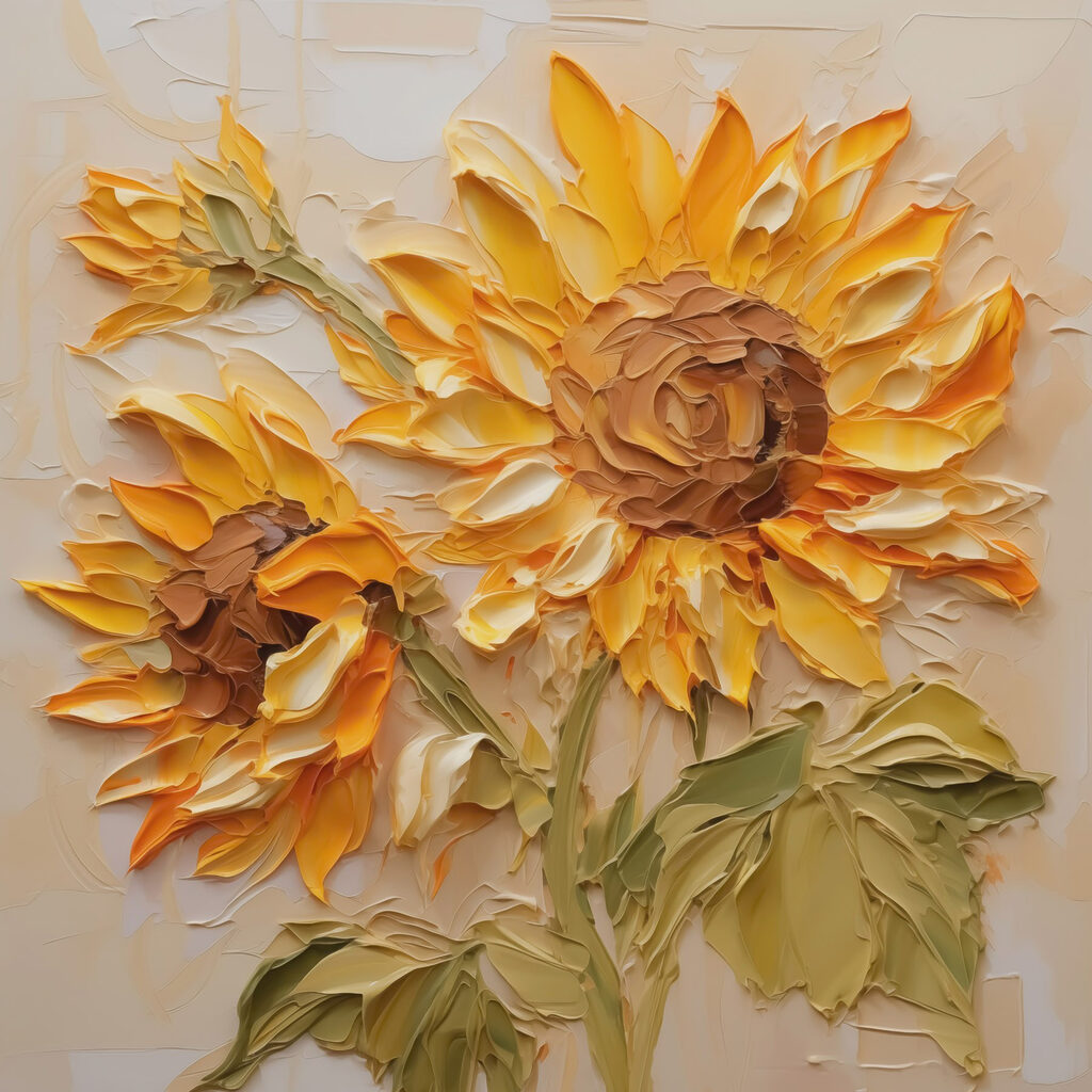 Painting of sunflowers on a white surface
