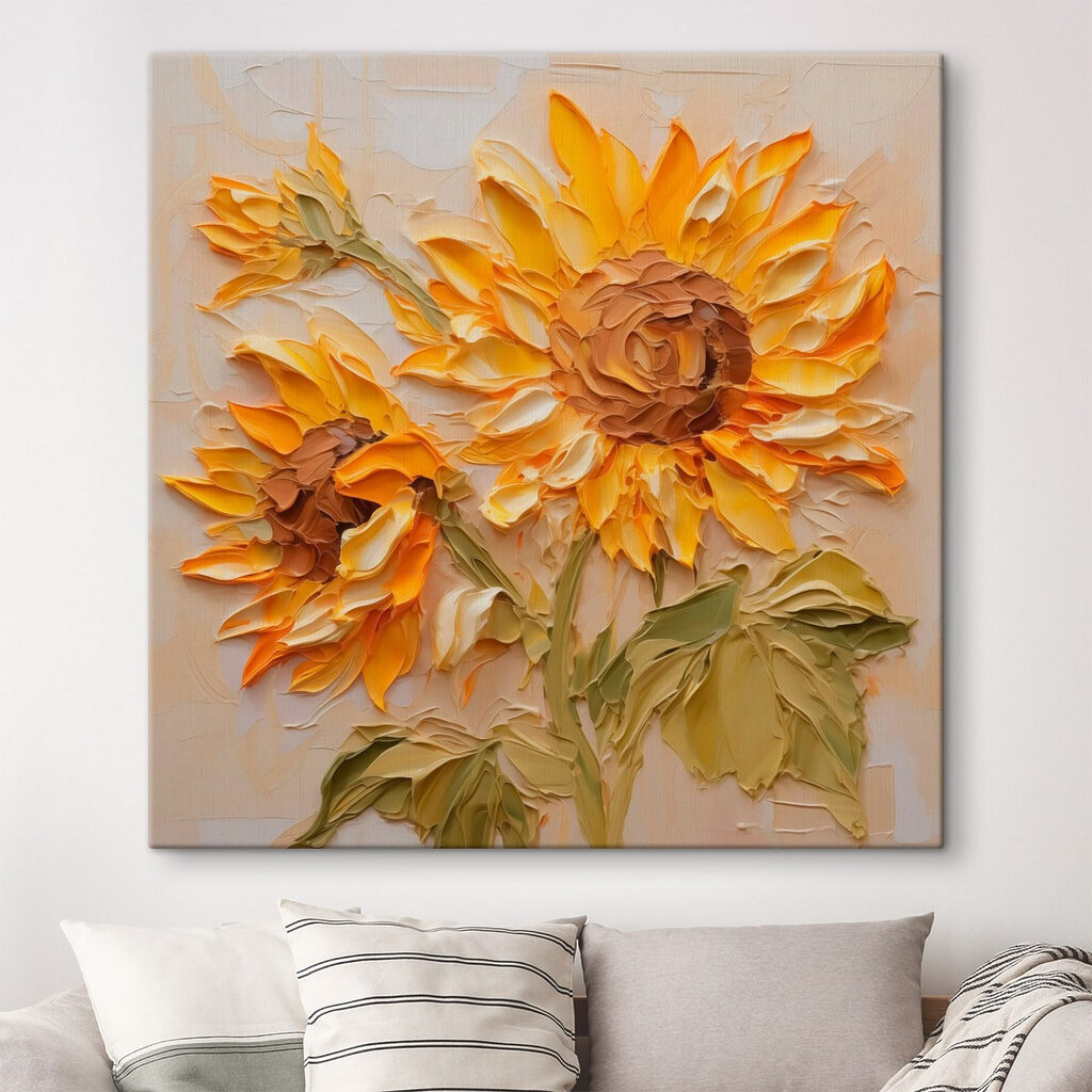 Painting of sunflowers on a white surface