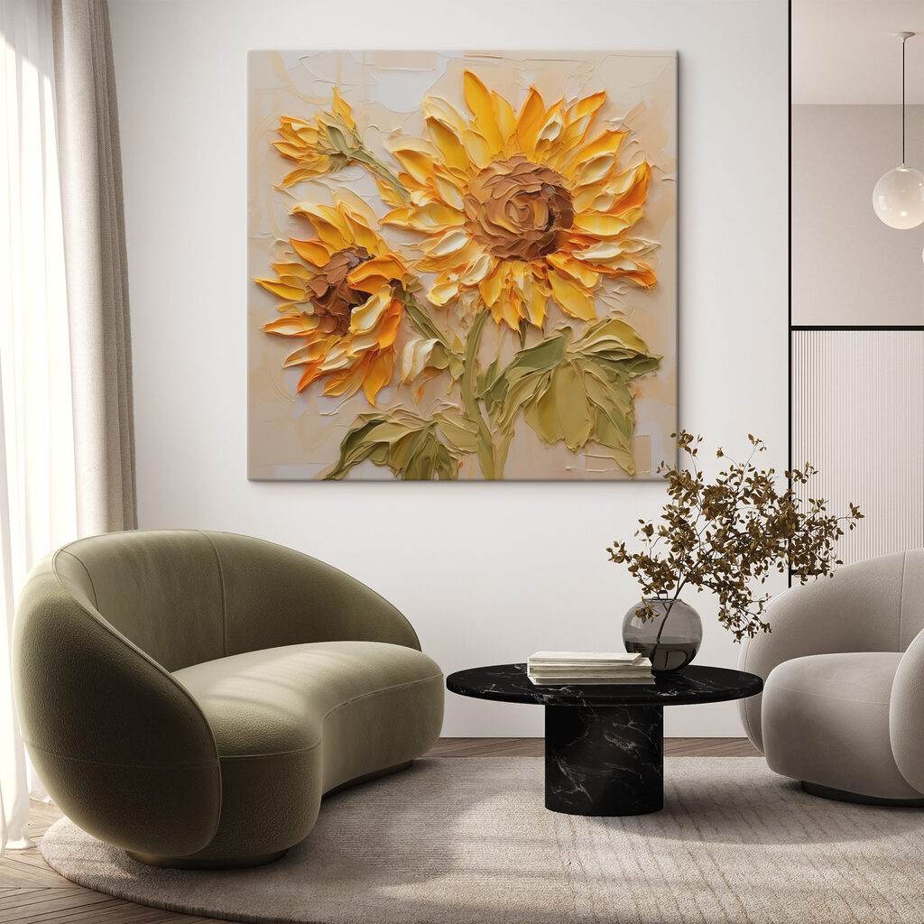 Painting of sunflowers on a white surface