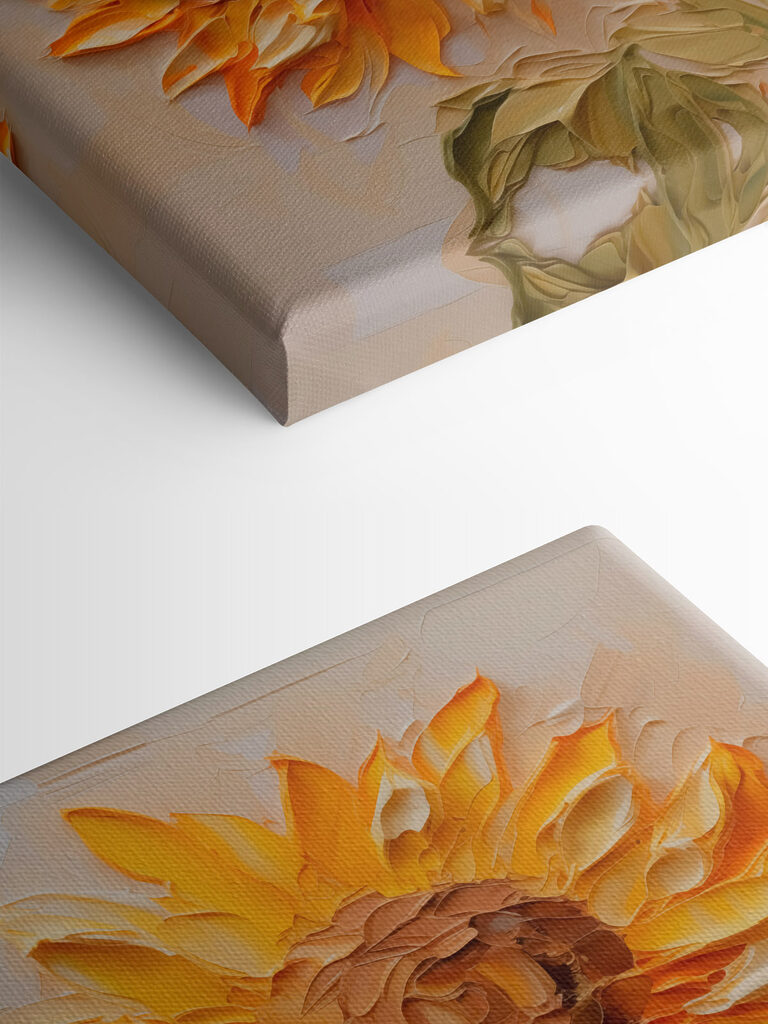 Painting of sunflowers on a white surface
