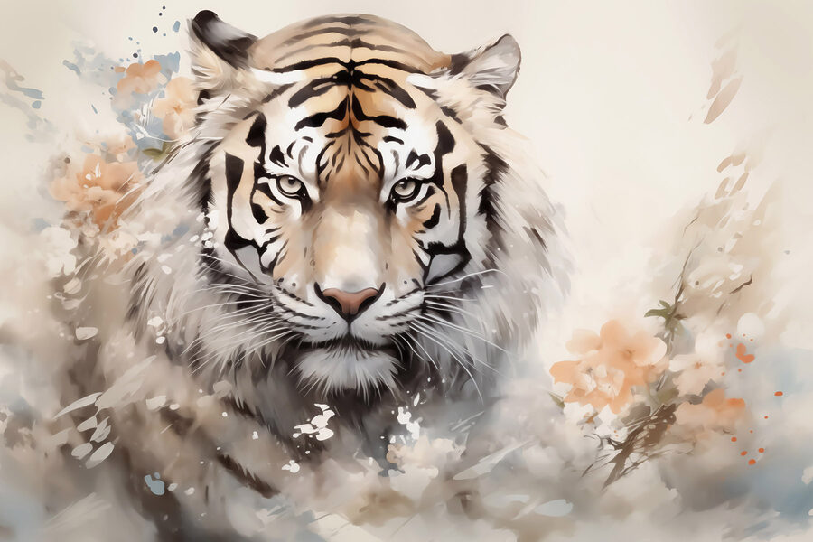 Tiger s kvetmi v pozadí