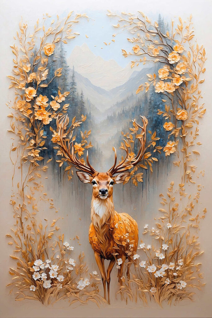 Painting of a deer with flowers and mountains Painting of a deer with flowers and mountains