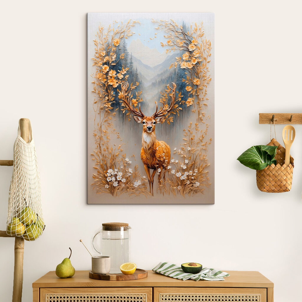 Painting of a deer with flowers and mountains Painting of a deer with flowers and mountains
