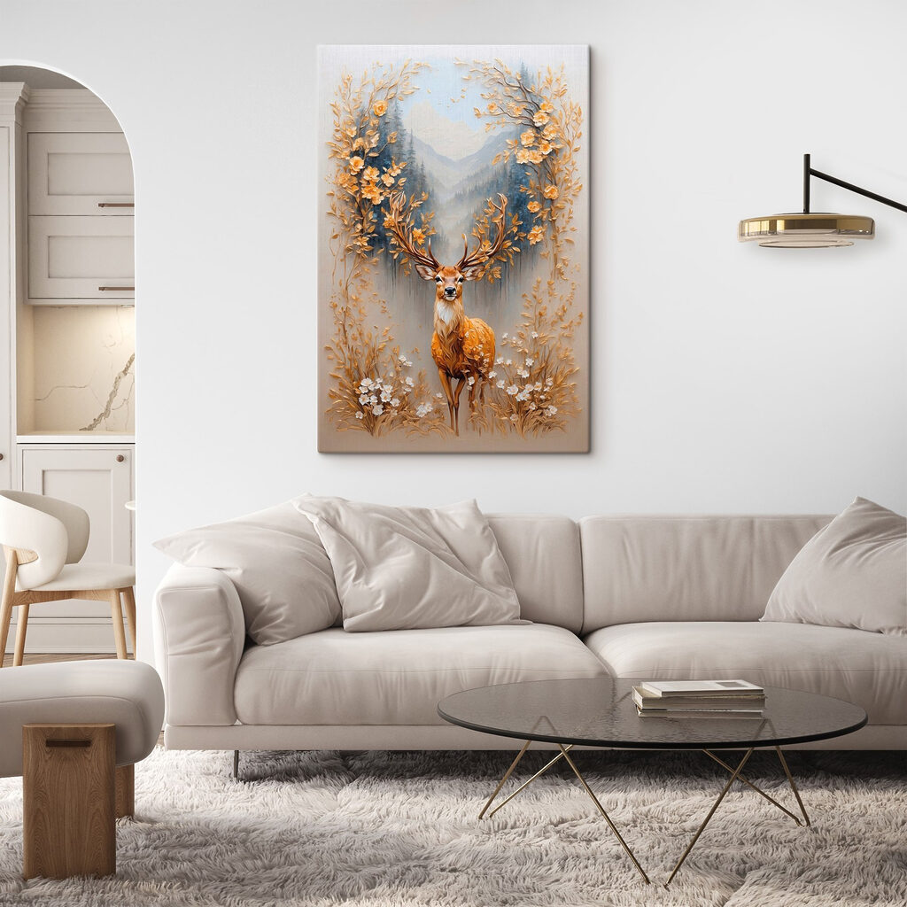 Painting of a deer with flowers and mountains Painting of a deer with flowers and mountains