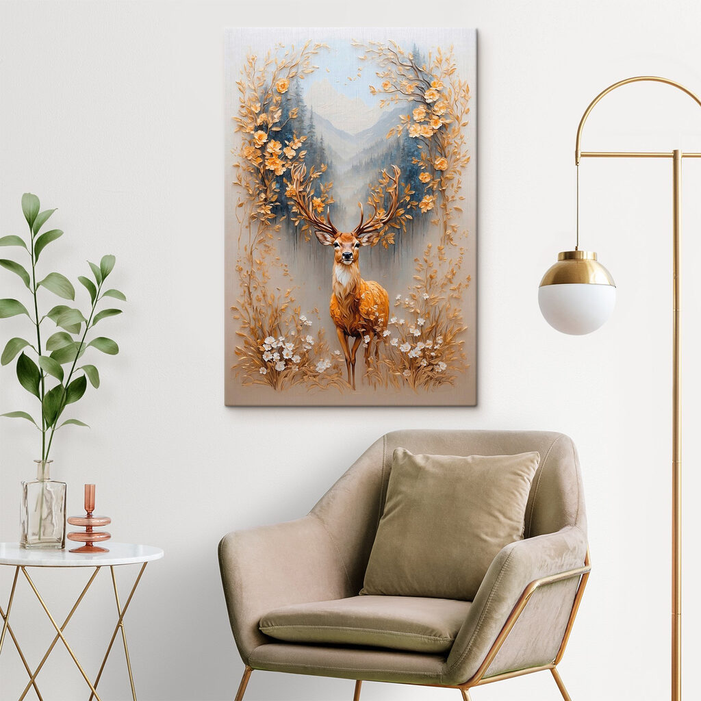 Painting of a deer with flowers and mountains Painting of a deer with flowers and mountains