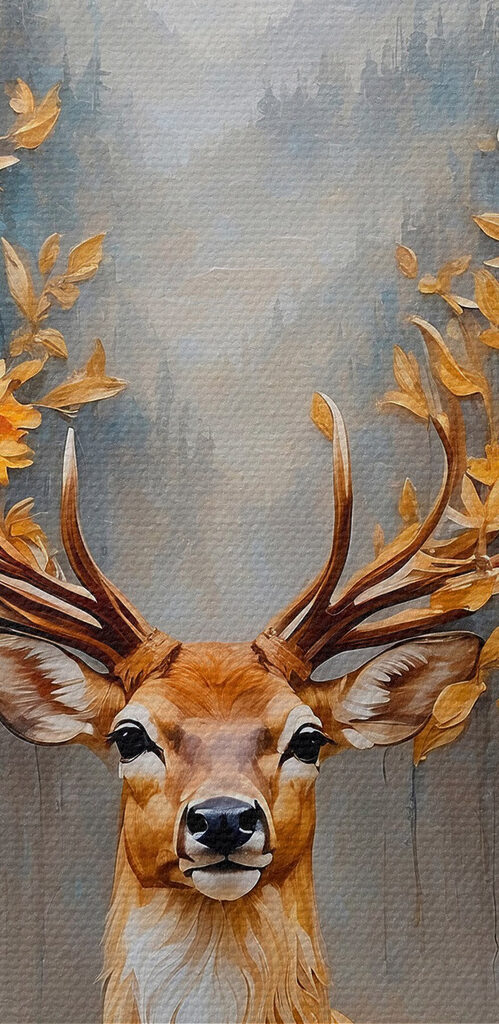 Painting of a deer with flowers and mountains Painting of a deer with flowers and mountains