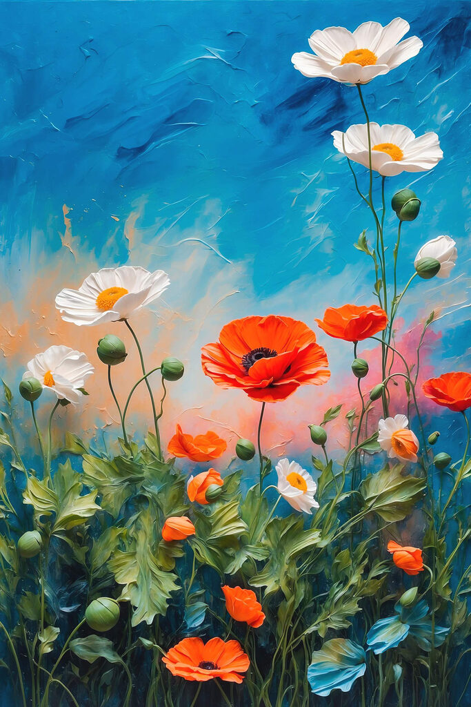 Painting of flowers on a blue background