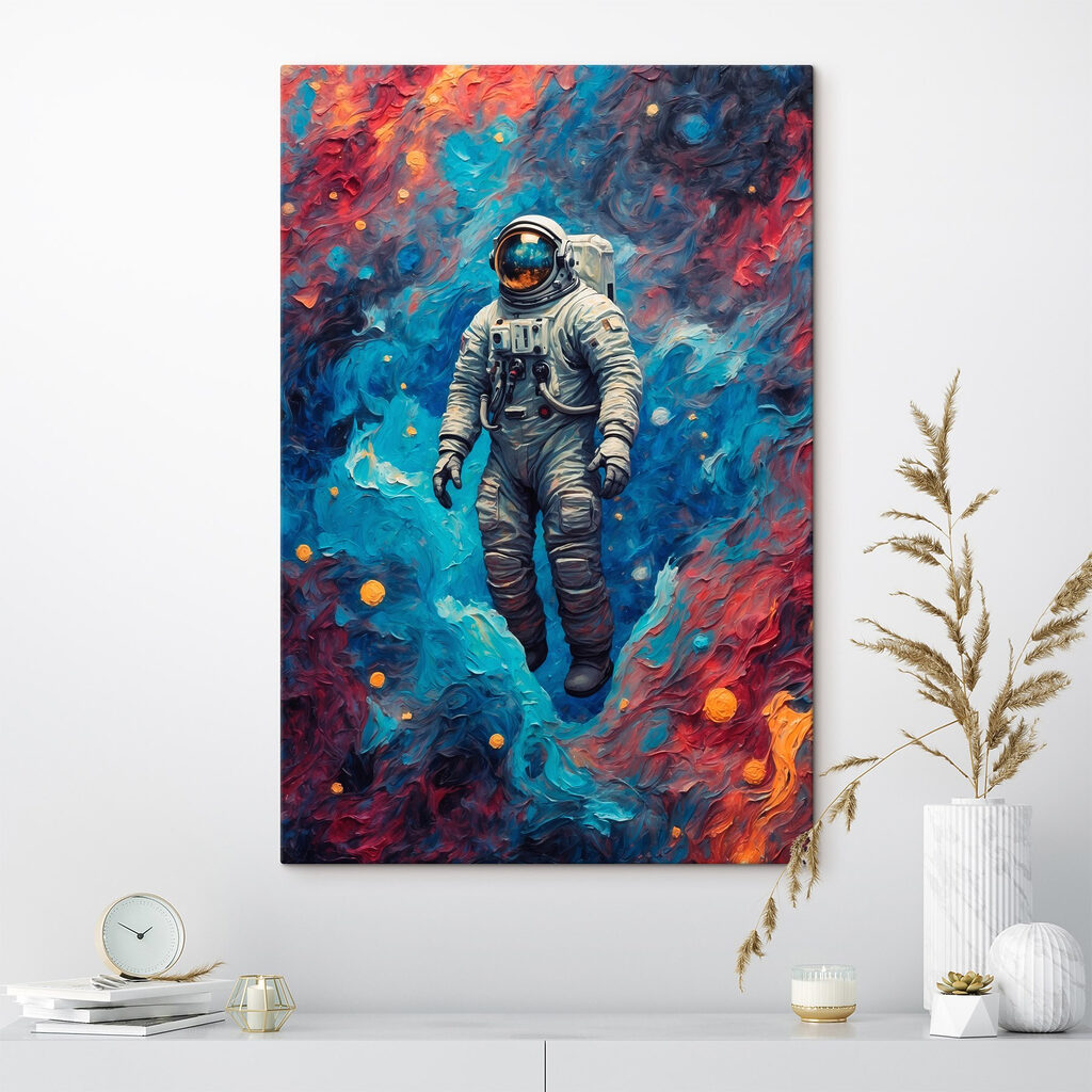 An astronaut in space with colorful background