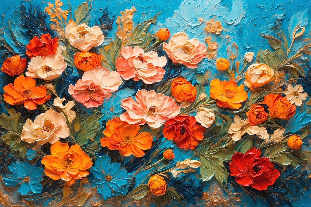 Painting of flowers on a blue surface