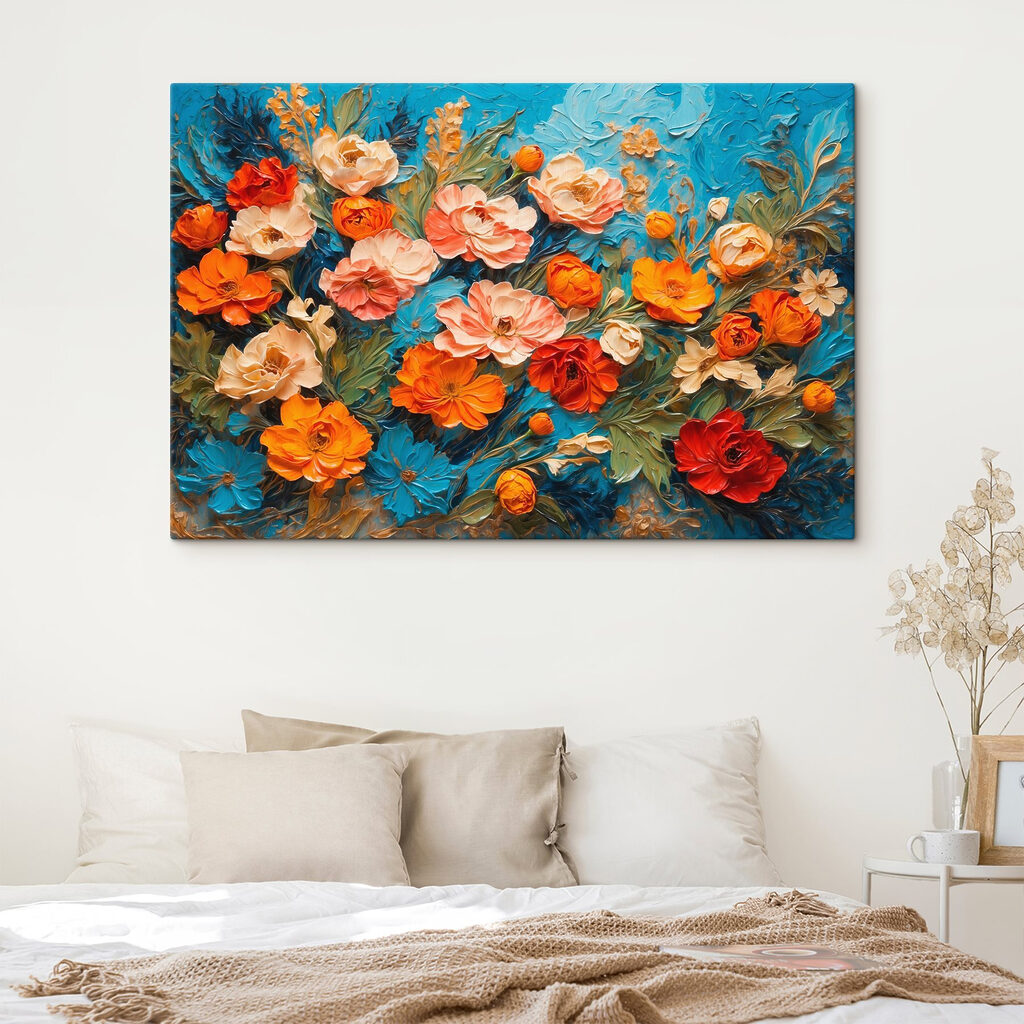 Painting of flowers on a blue surface